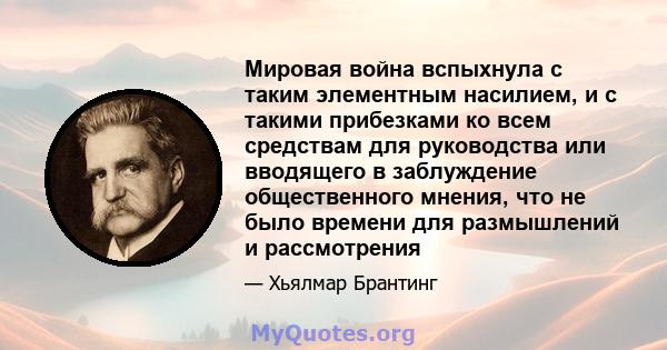 Мировая война вспыхнула с таким элементным насилием, и с такими прибезками ко всем средствам для руководства или вводящего в заблуждение общественного мнения, что не было времени для размышлений и рассмотрения