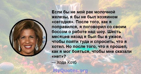 Если бы не мой рак молочной железы, я бы не был хозяином «сегодня». После того, как я поправился, я поговорил со своим боссом о работе над шоу. Шесть месяцев назад я был бы в ужасе, чтобы пойти туда и спросить, что я