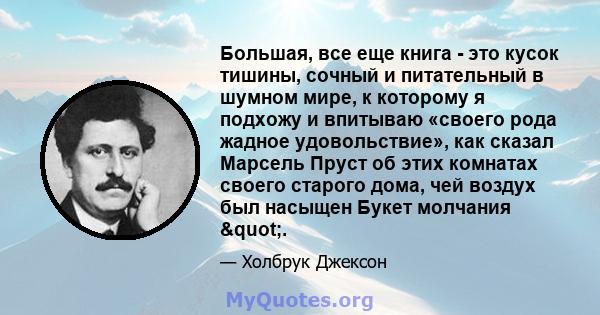 Большая, все еще книга - это кусок тишины, сочный и питательный в шумном мире, к которому я подхожу и впитываю «своего рода жадное удовольствие», как сказал Марсель Пруст об этих комнатах своего старого дома, чей воздух 