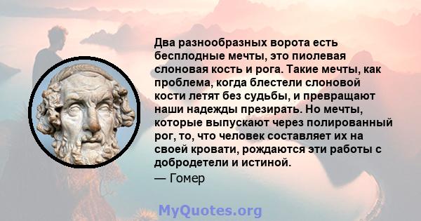 Два разнообразных ворота есть бесплодные мечты, это пиолевая слоновая кость и рога. Такие мечты, как проблема, когда блестели слоновой кости летят без судьбы, и превращают наши надежды презирать. Но мечты, которые