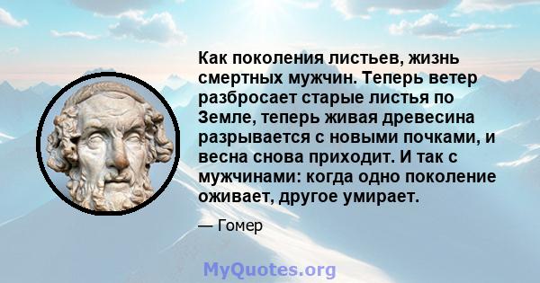 Как поколения листьев, жизнь смертных мужчин. Теперь ветер разбросает старые листья по Земле, теперь живая древесина разрывается с новыми почками, и весна снова приходит. И так с мужчинами: когда одно поколение оживает, 