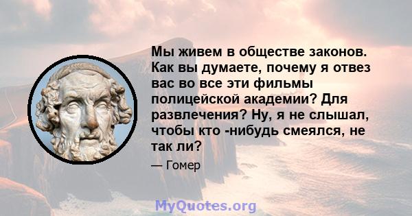 Мы живем в обществе законов. Как вы думаете, почему я отвез вас во все эти фильмы полицейской академии? Для развлечения? Ну, я не слышал, чтобы кто -нибудь смеялся, не так ли?