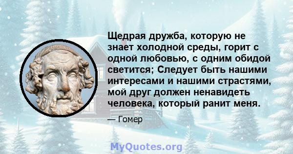 Щедрая дружба, которую не знает холодной среды, горит с одной любовью, с одним обидой светится; Следует быть нашими интересами и нашими страстями, мой друг должен ненавидеть человека, который ранит меня.