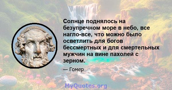 Солнце поднялось на безупречном море в небо, все нагло-все, что можно было осветлить для богов бессмертных и для смертельных мужчин на вине пахолей с зерном.