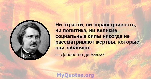 Ни страсти, ни справедливость, ни политика, ни великие социальные силы никогда не рассматривают жертвы, которые они забаняют.