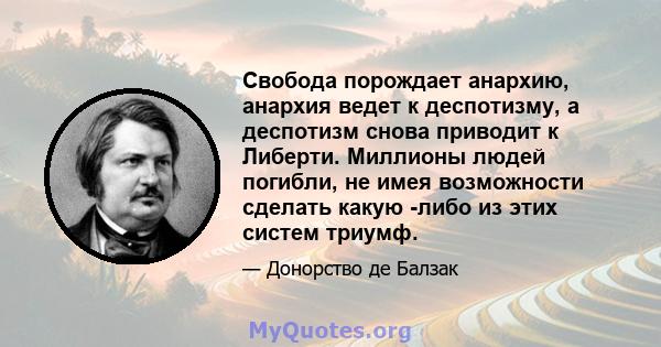 Свобода порождает анархию, анархия ведет к деспотизму, а деспотизм снова приводит к Либерти. Миллионы людей погибли, не имея возможности сделать какую -либо из этих систем триумф.