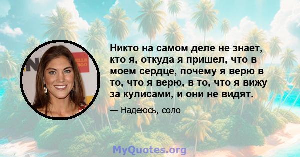 Никто на самом деле не знает, кто я, откуда я пришел, что в моем сердце, почему я верю в то, что я верю, в то, что я вижу за кулисами, и они не видят.