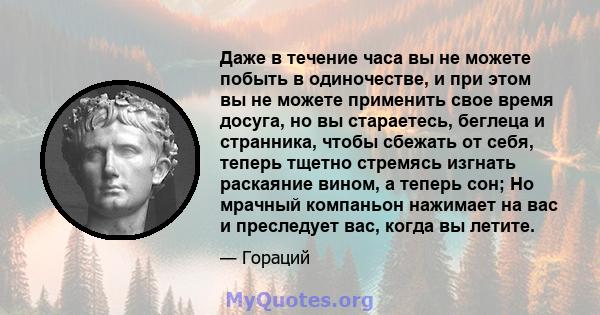 Даже в течение часа вы не можете побыть в одиночестве, и при этом вы не можете применить свое время досуга, но вы стараетесь, беглеца и странника, чтобы сбежать от себя, теперь тщетно стремясь изгнать раскаяние вином, а 