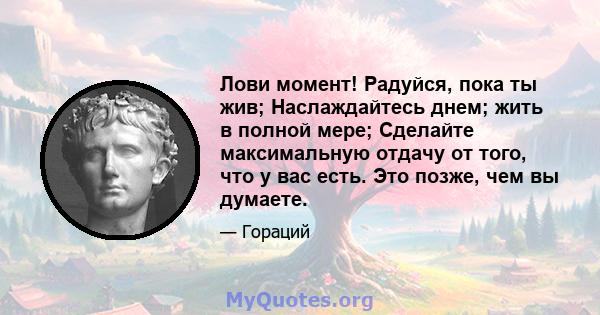 Лови момент! Радуйся, пока ты жив; Наслаждайтесь днем; жить в полной мере; Сделайте максимальную отдачу от того, что у вас есть. Это позже, чем вы думаете.