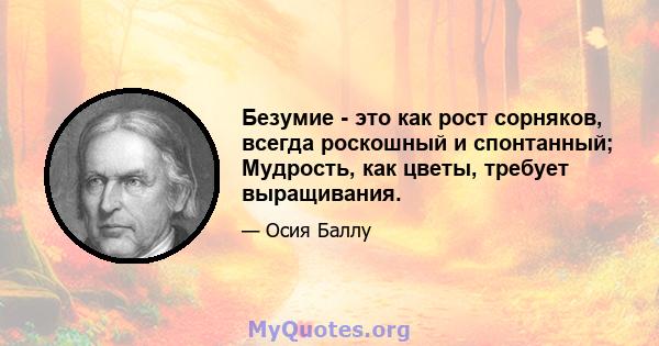 Безумие - это как рост сорняков, всегда роскошный и спонтанный; Мудрость, как цветы, требует выращивания.