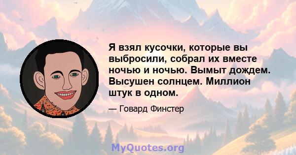 Я взял кусочки, которые вы выбросили, собрал их вместе ночью и ночью. Вымыт дождем. Высушен солнцем. Миллион штук в одном.