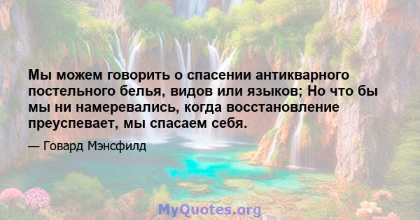 Мы можем говорить о спасении антикварного постельного белья, видов или языков; Но что бы мы ни намеревались, когда восстановление преуспевает, мы спасаем себя.