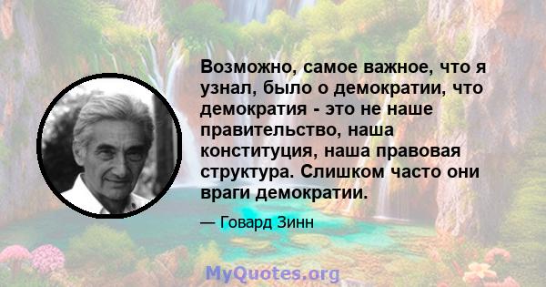 Возможно, самое важное, что я узнал, было о демократии, что демократия - это не наше правительство, наша конституция, наша правовая структура. Слишком часто они враги демократии.