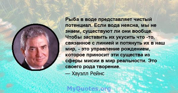 Рыба в воде представляет чистый потенциал. Если вода неясна, мы не знаем, существуют ли они вообще. Чтобы заставить их укусить что -то, связанное с линией и потянуть их в наш мир, - это управление рождением, которое