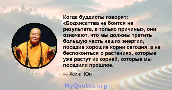 Когда буддисты говорят: «Бодхисаттва не боится не результата, а только причины», они означают, что мы должны тратить большую часть наших энергии, посадив хорошие корни сегодня, а не беспокоиться о растениях, которые уже 