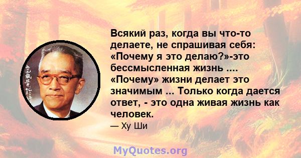 Всякий раз, когда вы что-то делаете, не спрашивая себя: «Почему я это делаю?»-это бессмысленная жизнь .... «Почему» жизни делает это значимым ... Только когда дается ответ, - это одна живая жизнь как человек.