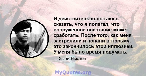 Я действительно пытаюсь сказать, что я полагал, что вооруженное восстание может сработать. После того, как меня застрелили и попали в тюрьму, это закончилось этой иллюзией. У меня было время подумать.