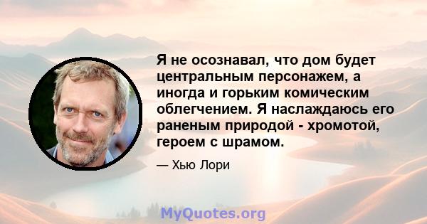 Я не осознавал, что дом будет центральным персонажем, а иногда и горьким комическим облегчением. Я наслаждаюсь его раненым природой - хромотой, героем с шрамом.