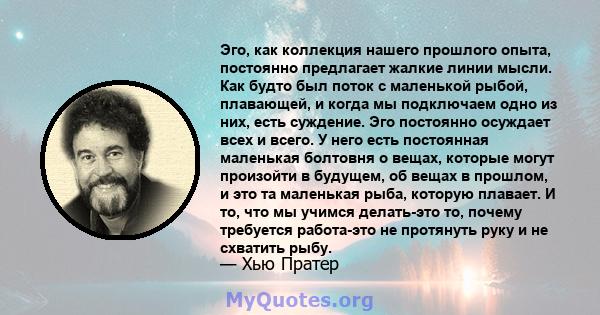 Эго, как коллекция нашего прошлого опыта, постоянно предлагает жалкие линии мысли. Как будто был поток с маленькой рыбой, плавающей, и когда мы подключаем одно из них, есть суждение. Эго постоянно осуждает всех и всего. 