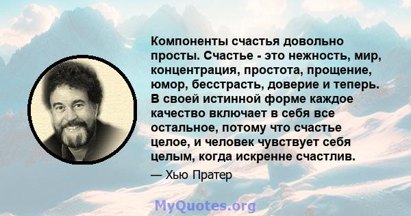 Компоненты счастья довольно просты. Счастье - это нежность, мир, концентрация, простота, прощение, юмор, бесстрасть, доверие и теперь. В своей истинной форме каждое качество включает в себя все остальное, потому что