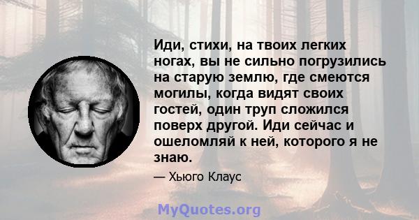 Иди, стихи, на твоих легких ногах, вы не сильно погрузились на старую землю, где смеются могилы, когда видят своих гостей, один труп сложился поверх другой. Иди сейчас и ошеломляй к ней, которого я не знаю.