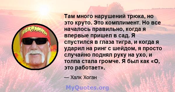 Там много нарушений трюка, но это круто. Это комплимент. Но все началось правильно, когда я впервые пришел в сад. Я спустился в глаза тигра, и когда я ударил на ринг с шейдом, я просто случайно поднял руку на ухо, и