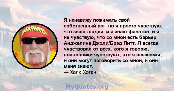 Я ненавижу пожимать свой собственный рог, но я просто чувствую, что знаю людей, и я знаю фанатов, и я не чувствую, что со мной есть барьер Анджелина Джоли/Брэд Питт. Я всегда чувствовал от всех, кого я говорю,