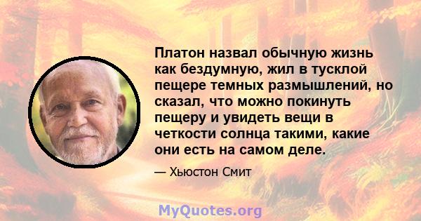 Платон назвал обычную жизнь как бездумную, жил в тусклой пещере темных размышлений, но сказал, что можно покинуть пещеру и увидеть вещи в четкости солнца такими, какие они есть на самом деле.