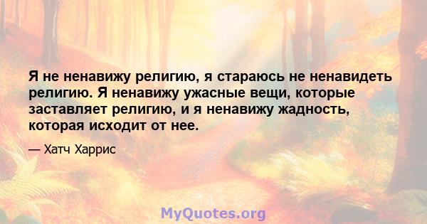 Я не ненавижу религию, я стараюсь не ненавидеть религию. Я ненавижу ужасные вещи, которые заставляет религию, и я ненавижу жадность, которая исходит от нее.