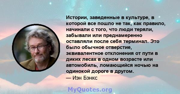 Истории, заведенные в культуре, в которой все пошло не так, как правило, начинали с того, что люди теряли, забывали или преднамеренно оставляли после себя терминал. Это было обычное отверстие, эквивалентное отклонения