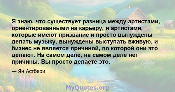 Я знаю, что существует разница между артистами, ориентированными на карьеру, и артистами, которые имеют призвание и просто вынуждены делать музыку, вынуждены выступать вживую, и бизнес не является причиной, по которой