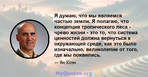 Я думаю, что мы являемся частью земли. Я полагаю, что концепция тропического леса - чрево жизни - это то, что система ценностей должна вернуться к окружающей среде, как это было изначально, великолепие от того, где мы