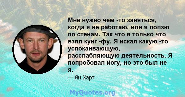 Мне нужно чем -то заняться, когда я не работаю, или я ползю по стенам. Так что я только что взял кунг -фу. Я искал какую -то успокаивающую, расслабляющую деятельность. Я попробовал йогу, но это был не я.