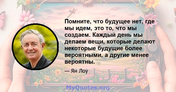 Помните, что будущее нет, где мы идем, это то, что мы создаем. Каждый день мы делаем вещи, которые делают некоторые будущие более вероятными, а другие менее вероятны.