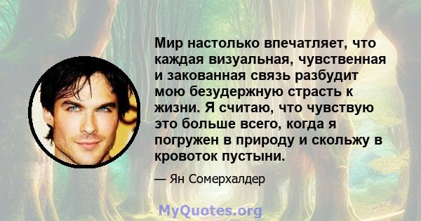 Мир настолько впечатляет, что каждая визуальная, чувственная и закованная связь разбудит мою безудержную страсть к жизни. Я считаю, что чувствую это больше всего, когда я погружен в природу и скольжу в кровоток пустыни.