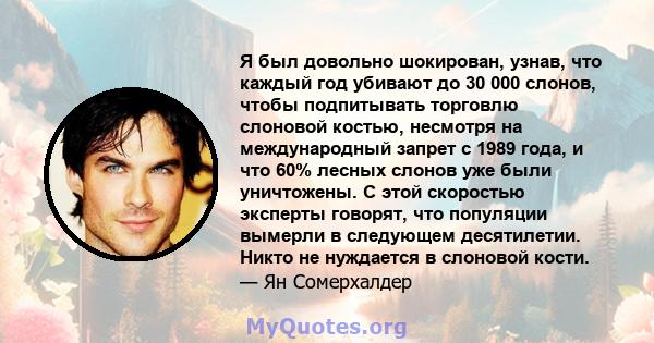 Я был довольно шокирован, узнав, что каждый год убивают до 30 000 слонов, чтобы подпитывать торговлю слоновой костью, несмотря на международный запрет с 1989 года, и что 60% лесных слонов уже были уничтожены. С этой