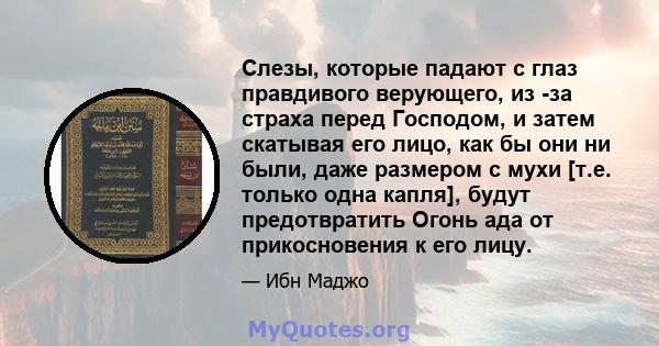 Слезы, которые падают с глаз правдивого верующего, из -за страха перед Господом, и затем скатывая его лицо, как бы они ни были, даже размером с мухи [т.е. только одна капля], будут предотвратить Огонь ада от