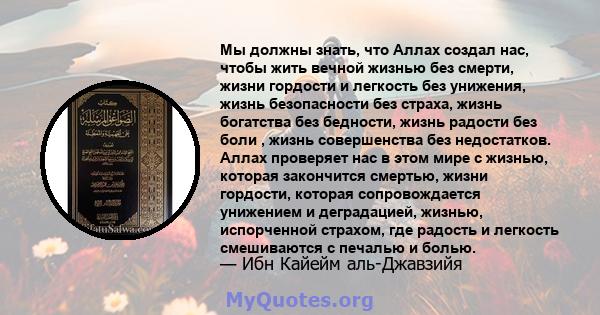 Мы должны знать, что Аллах создал нас, чтобы жить вечной жизнью без смерти, жизни гордости и легкость без унижения, жизнь безопасности без страха, жизнь богатства без бедности, жизнь радости без боли , жизнь