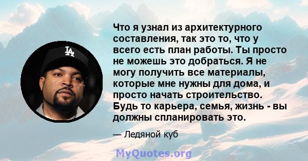 Что я узнал из архитектурного составления, так это то, что у всего есть план работы. Ты просто не можешь это добраться. Я не могу получить все материалы, которые мне нужны для дома, и просто начать строительство. Будь