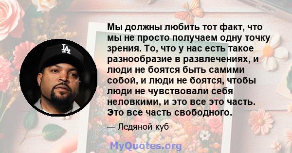 Мы должны любить тот факт, что мы не просто получаем одну точку зрения. То, что у нас есть такое разнообразие в развлечениях, и люди не боятся быть самими собой, и люди не боятся, чтобы люди не чувствовали себя