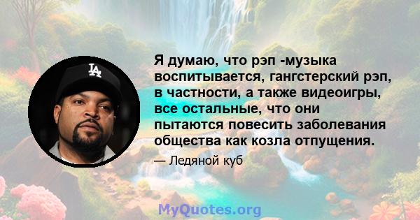 Я думаю, что рэп -музыка воспитывается, гангстерский рэп, в частности, а также видеоигры, все остальные, что они пытаются повесить заболевания общества как козла отпущения.