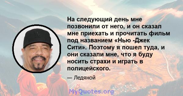 На следующий день мне позвонили от него, и он сказал мне приехать и прочитать фильм под названием «Нью -Джек Сити». Поэтому я пошел туда, и они сказали мне, что я буду носить страхи и играть в полицейского.