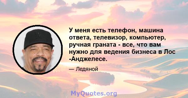 У меня есть телефон, машина ответа, телевизор, компьютер, ручная граната - все, что вам нужно для ведения бизнеса в Лос -Анджелесе.