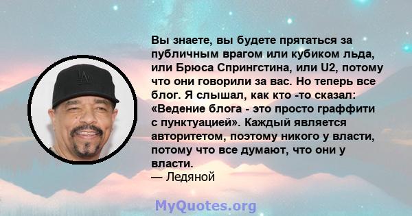 Вы знаете, вы будете прятаться за публичным врагом или кубиком льда, или Брюса Спрингстина, или U2, потому что они говорили за вас. Но теперь все блог. Я слышал, как кто -то сказал: «Ведение блога - это просто граффити