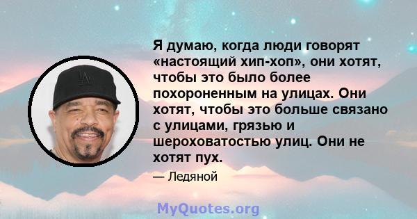 Я думаю, когда люди говорят «настоящий хип-хоп», они хотят, чтобы это было более похороненным на улицах. Они хотят, чтобы это больше связано с улицами, грязью и шероховатостью улиц. Они не хотят пух.