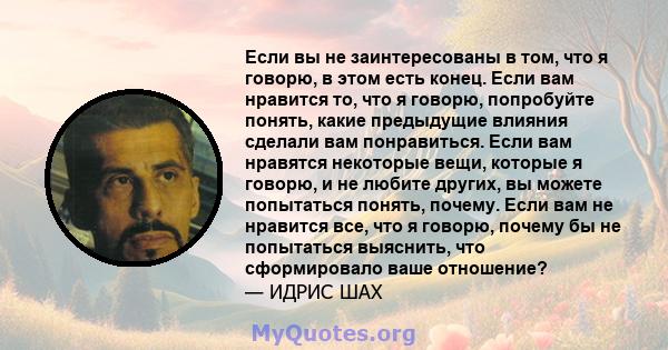 Если вы не заинтересованы в том, что я говорю, в этом есть конец. Если вам нравится то, что я говорю, попробуйте понять, какие предыдущие влияния сделали вам понравиться. Если вам нравятся некоторые вещи, которые я