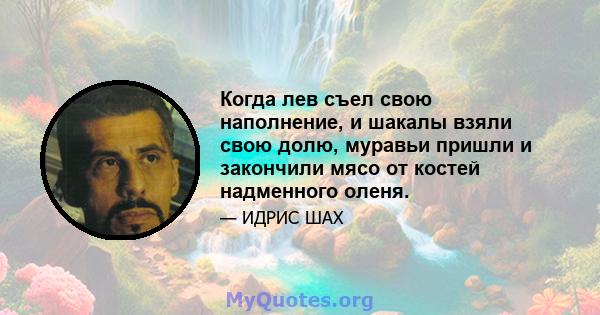 Когда лев съел свою наполнение, и шакалы взяли свою долю, муравьи пришли и закончили мясо от костей надменного оленя.