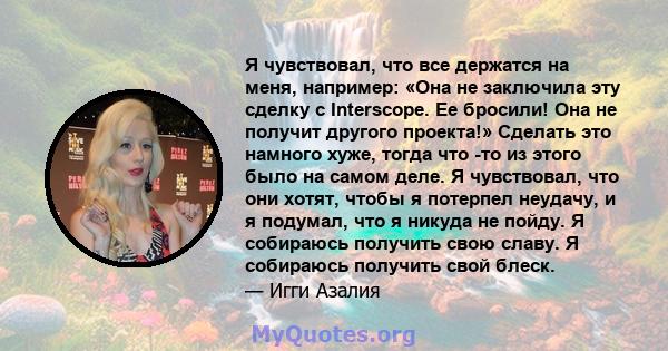 Я чувствовал, что все держатся на меня, например: «Она не заключила эту сделку с Interscope. Ее бросили! Она не получит другого проекта!» Сделать это намного хуже, тогда что -то из этого было на самом деле. Я