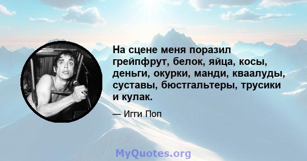 На сцене меня поразил грейпфрут, белок, яйца, косы, деньги, окурки, манди, кваалуды, суставы, бюстгальтеры, трусики и кулак.