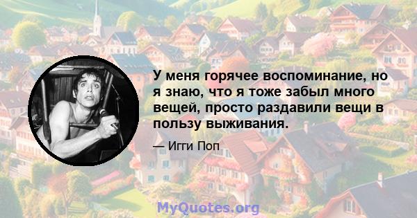 У меня горячее воспоминание, но я знаю, что я тоже забыл много вещей, просто раздавили вещи в пользу выживания.